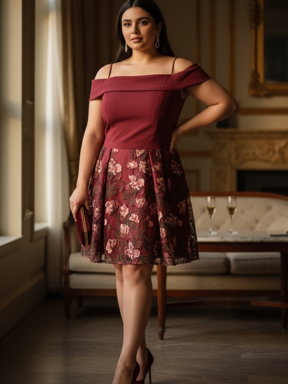 Morgan & Co Burgundy Off-Shoulder Dress Size 18 Pockets